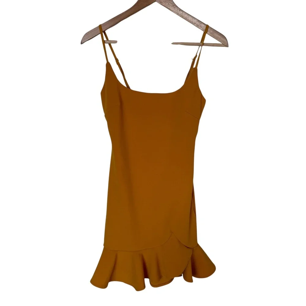 White Fox Mini Dress Women‎ XS Mustard Yellow Excellent Ruffle Spaghetti Strap